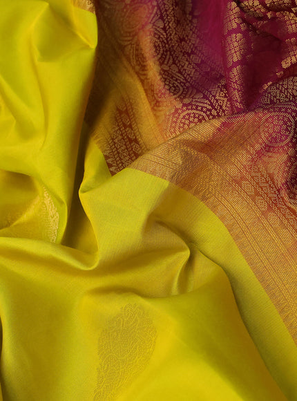 Pure kanchipuram silk saree lime yellow and dark magenta pink with zari woven buttas and zari woven border