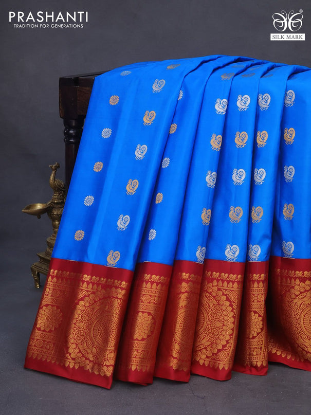 Pure gadwal silk saree cs blue and maroon with annam zari woven buttas and zari woven border