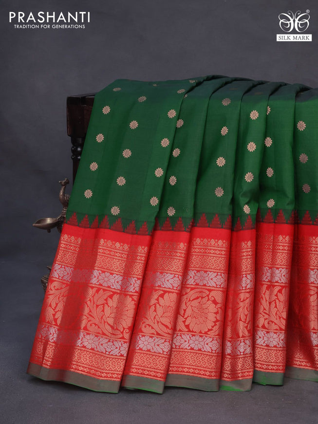 Pure gadwal silk saree dark green and red with allover zari woven floral buttas and temple deisgn long floral zari woven border