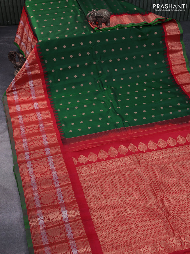 Pure gadwal silk saree dark green and red with allover zari woven floral buttas and temple deisgn long floral zari woven border