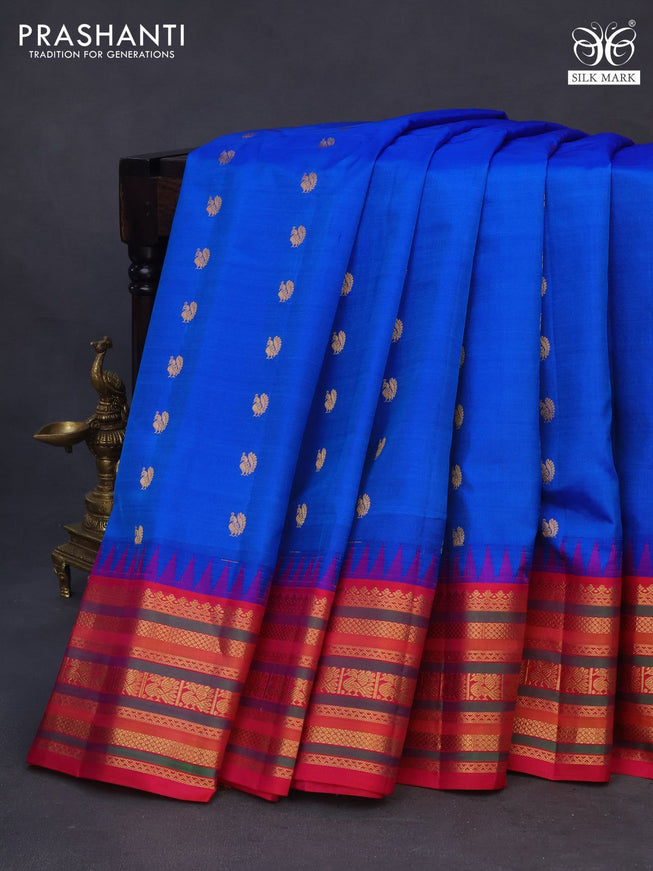 Pure gadwal silk saree blue and dual shade of pink with allover annam zari woven buttas and zari woven border