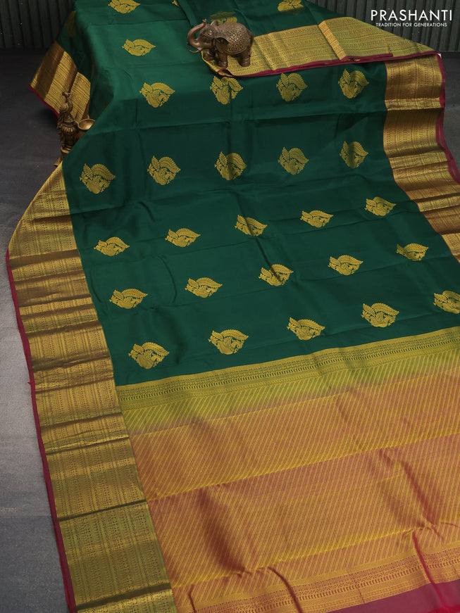 Pure kanchipuram silk saree green and magenta pink with zari woven annam buttas and long zari woven border