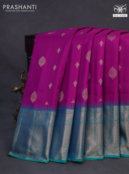 Pure gadwal silk saree purple and dual shade of teal green with zari woven buttas and temple deisgn zari woven border