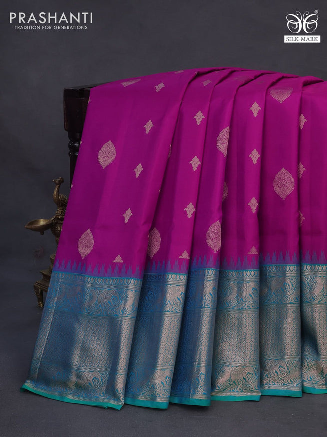 Pure gadwal silk saree purple and dual shade of teal green with zari woven buttas and temple deisgn zari woven border