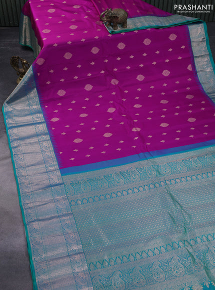 Pure gadwal silk saree purple and dual shade of teal green with zari woven buttas and temple deisgn zari woven border