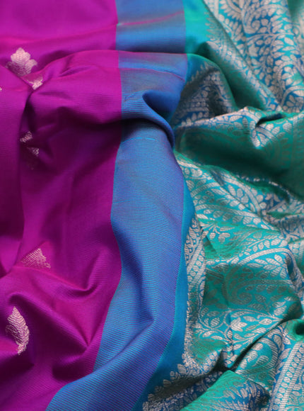 Pure gadwal silk saree purple and dual shade of teal green with zari woven buttas and temple deisgn zari woven border