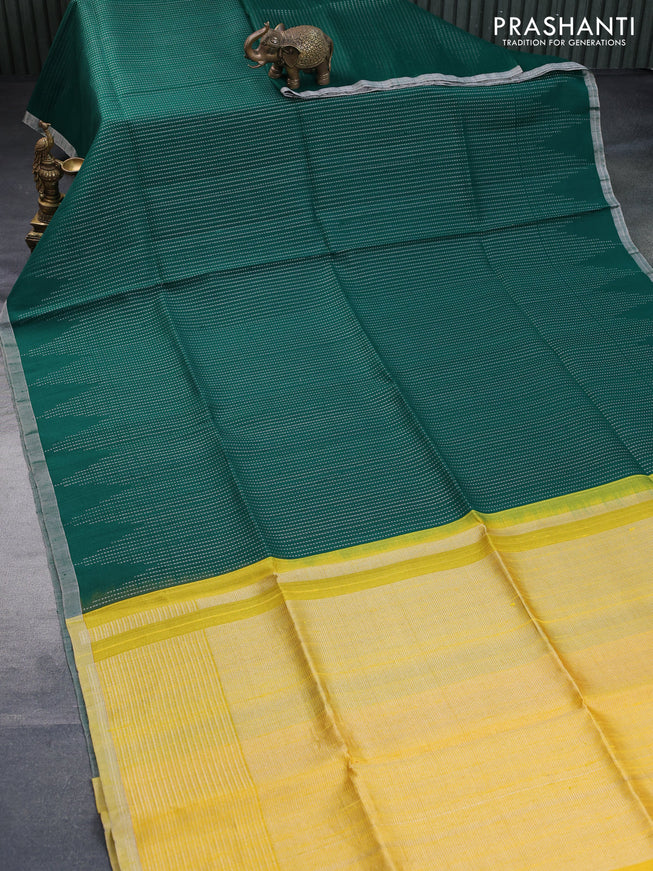 Pure raw silk saree green and mustard yellow with allover silver zari weaves and silver zari woven piping border