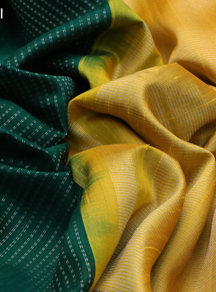 Pure raw silk saree green and mustard yellow with allover silver zari weaves and silver zari woven piping border