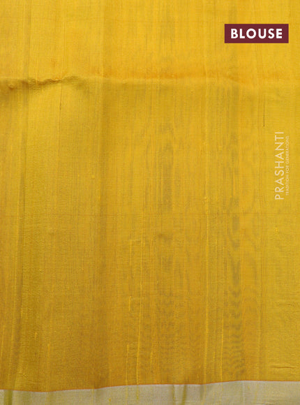 Pure raw silk saree green and mustard yellow with allover silver zari weaves and silver zari woven piping border