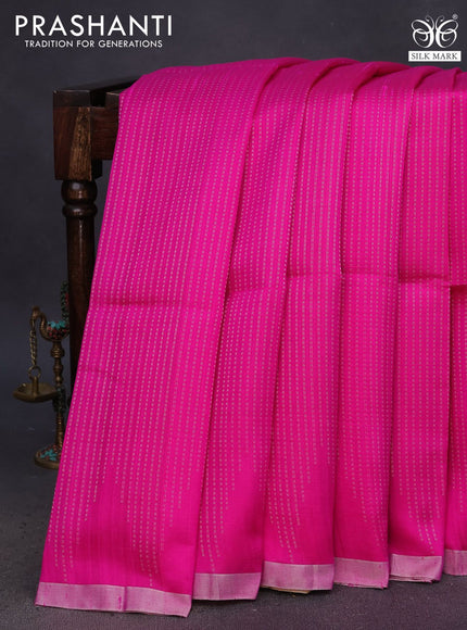 Pure raw silk saree pink and mustard yellow with allover silver zari weaves and silver zari woven piping border