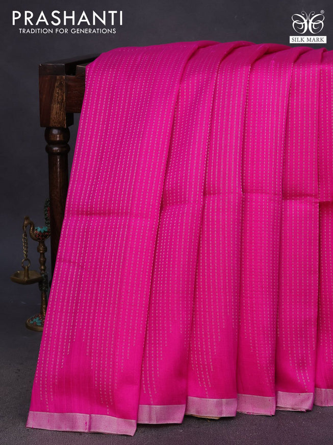 Pure raw silk saree pink and mustard yellow with allover silver zari weaves and silver zari woven piping border