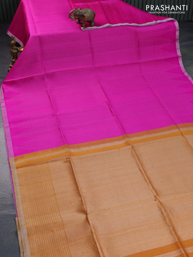 Pure raw silk saree pink and mustard yellow with allover silver zari weaves and silver zari woven piping border