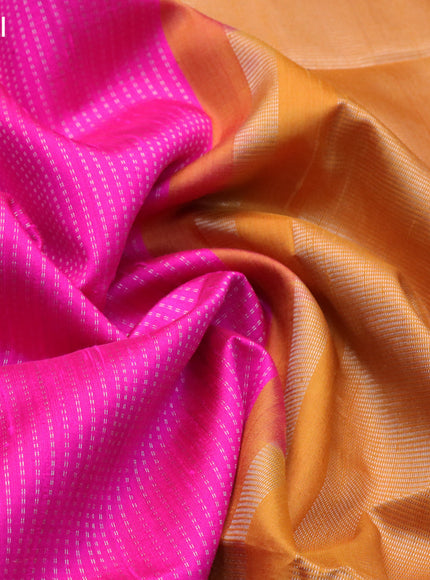 Pure raw silk saree pink and mustard yellow with allover silver zari weaves and silver zari woven piping border