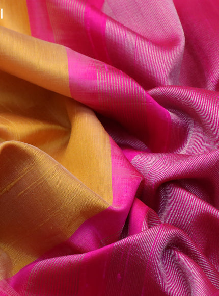 Pure raw silk saree yellow and pink with plain body and temple deisgn silver zari woven border