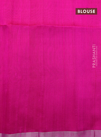 Pure raw silk saree yellow and pink with plain body and temple deisgn silver zari woven border