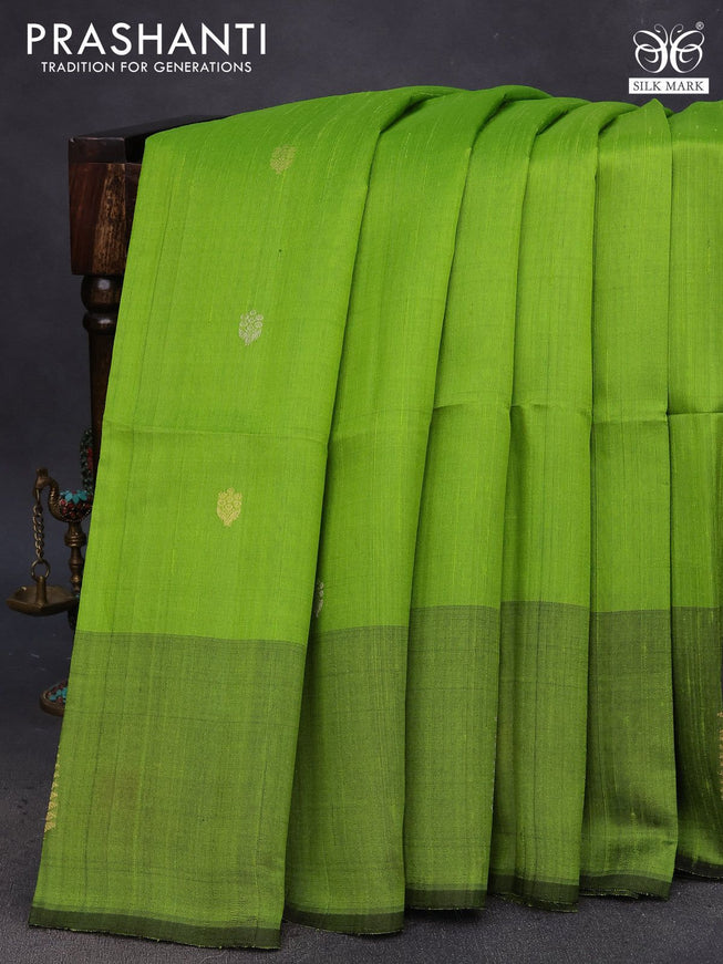 Pure raw silk saree parrot green and dark green with zari woven buttas and zari woven butta border