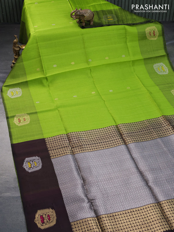 Pure raw silk saree parrot green and dark green with zari woven buttas and zari woven butta border