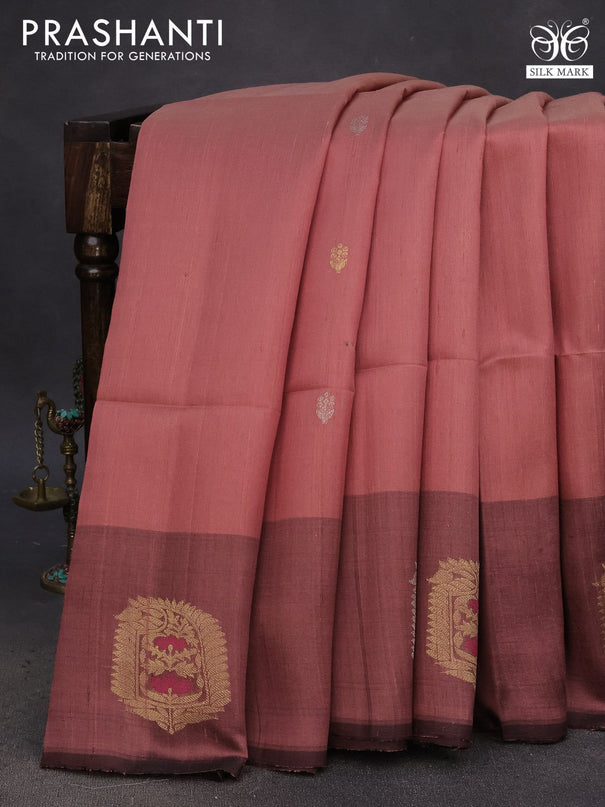 Pure raw silk saree peach shade and pastel brown with zari woven buttas and zari woven butta border