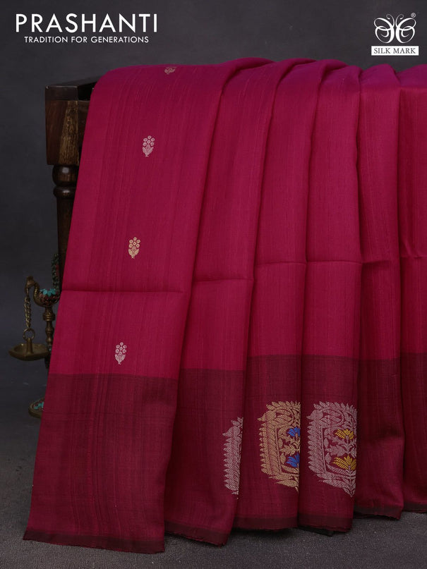 Pure raw silk saree pink and dark pink with zari woven buttas and zari woven butta border