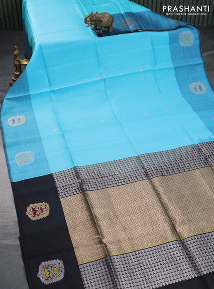 Pure raw silk saree light blue and teal blue with zari woven buttas and zari woven butta border