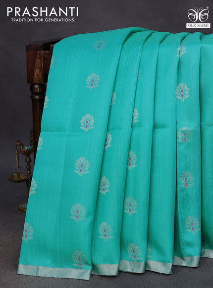 Pure raw silk saree teal blue and pink with allover floral zari woven buttas and silver zari woven border