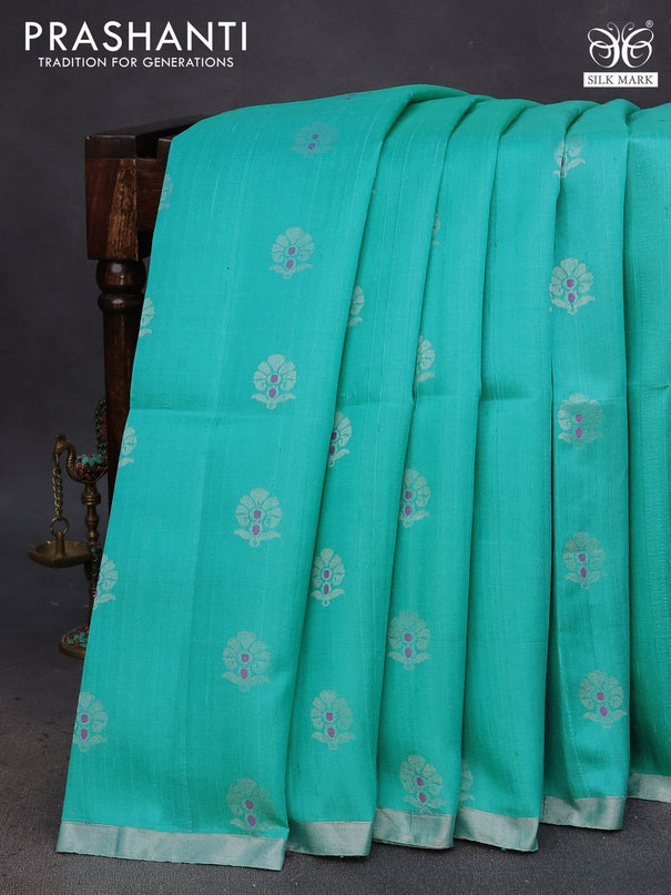 Pure raw silk saree teal blue and pink with allover floral zari woven buttas and silver zari woven border