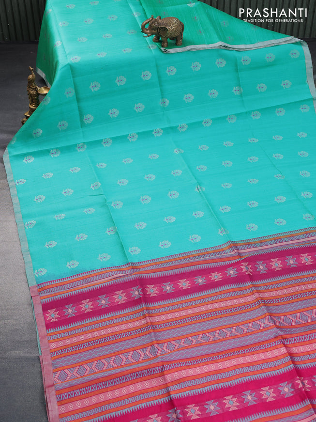 Pure raw silk saree teal blue and pink with allover floral zari woven buttas and silver zari woven border