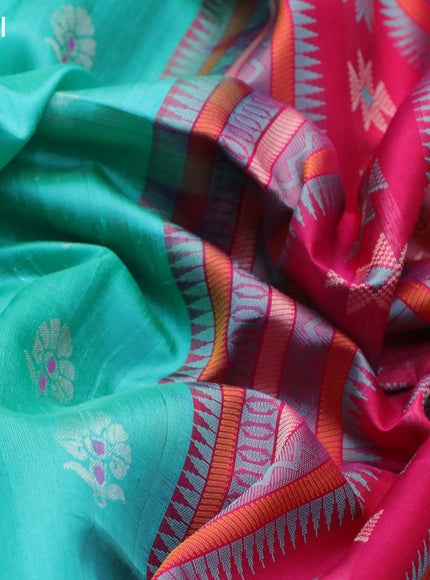 Pure raw silk saree teal blue and pink with allover floral zari woven buttas and silver zari woven border