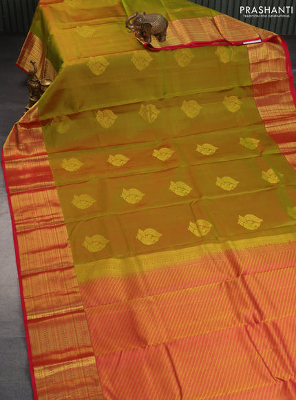 Pure kanchipuram silk saree dual shade of mehendi green and pink with zari woven annam buttas and long zari woven border