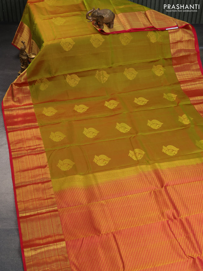 Pure kanchipuram silk saree dual shade of mehendi green and pink with zari woven annam buttas and long zari woven border