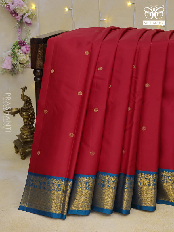 Pure kanchipuram silk saree red and peacock blue with zari woven buttas and zari woven korvai border