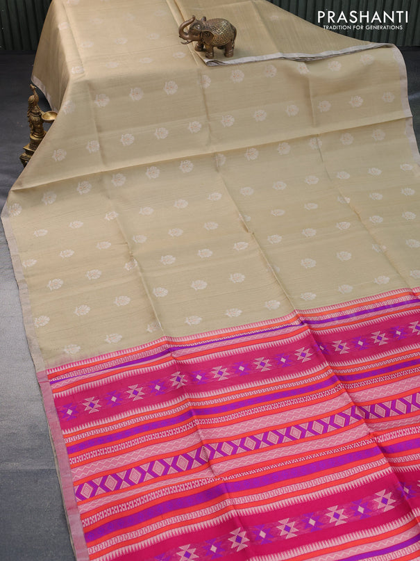 Pure raw silk saree beige and pink with allover floral zari woven buttas and silver zari woven border