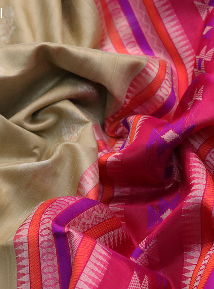 Pure raw silk saree beige and pink with allover floral zari woven buttas and silver zari woven border