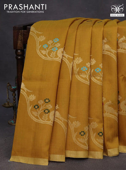 Pure raw silk saree mustard yellow and black with allover zari weaves and zari woven border