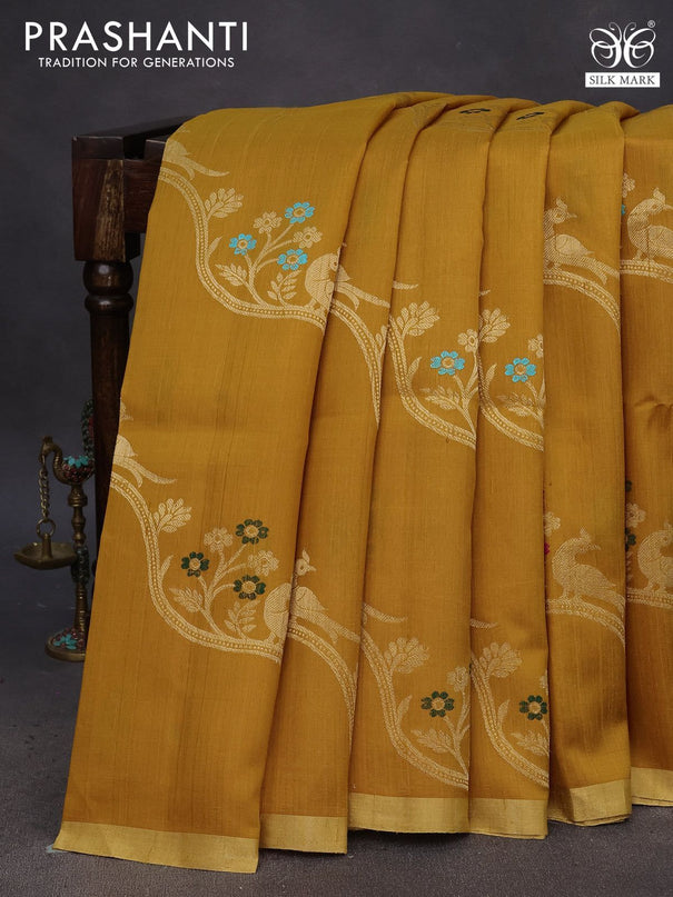 Pure raw silk saree mustard yellow and black with allover zari weaves and zari woven border