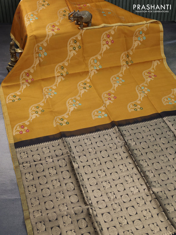 Pure raw silk saree mustard yellow and black with allover zari weaves and zari woven border