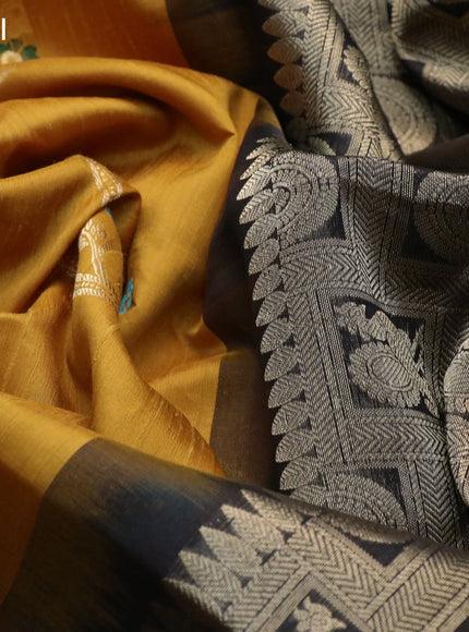 Pure raw silk saree mustard yellow and black with allover zari weaves and zari woven border