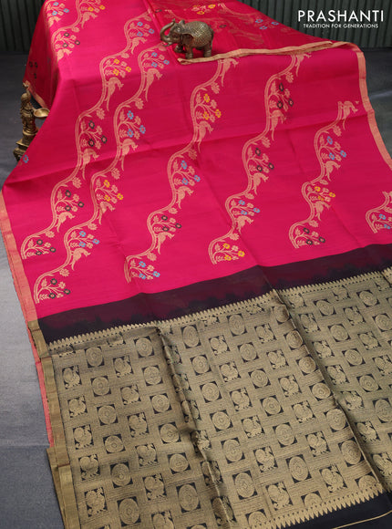 Pure raw silk saree pink and black with allover zari weaves and zari woven border