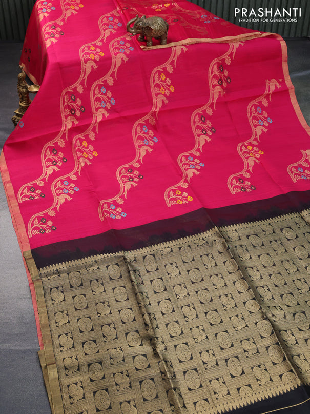 Pure raw silk saree pink and black with allover zari weaves and zari woven border