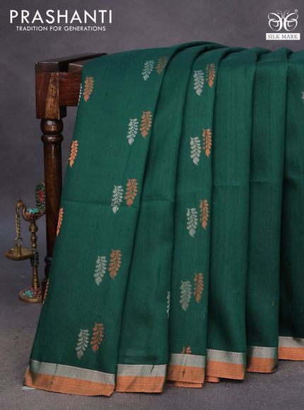 Pure raw silk saree dark green and dark mustard with silver & copper zari woven buttas and zari woven border