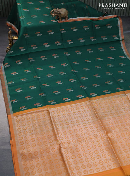 Pure raw silk saree dark green and dark mustard with silver & copper zari woven buttas and zari woven border