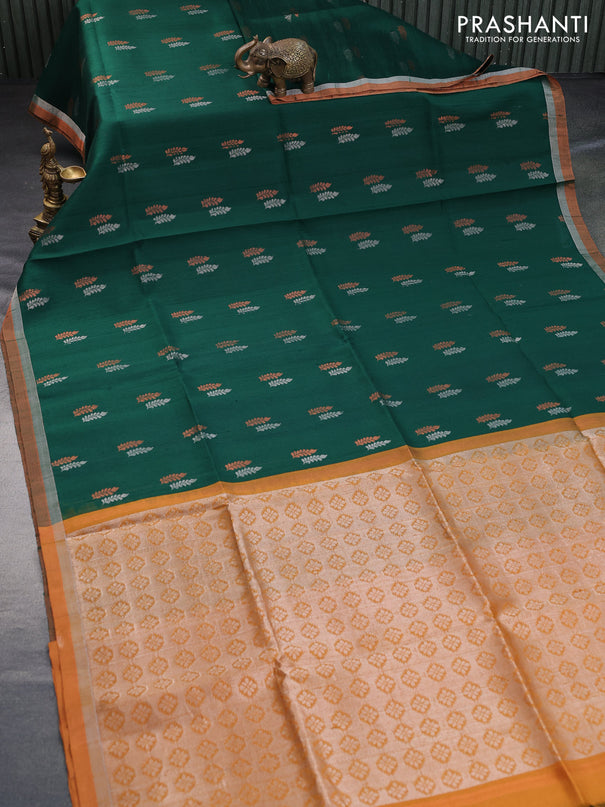 Pure raw silk saree dark green and dark mustard with silver & copper zari woven buttas and zari woven border