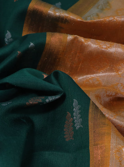 Pure raw silk saree dark green and dark mustard with silver & copper zari woven buttas and zari woven border