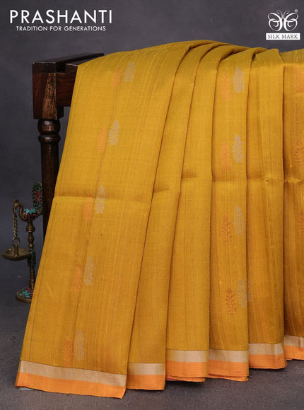 Pure raw silk saree mustard yellow and light pink with silver & copper zari woven buttas and zari woven border