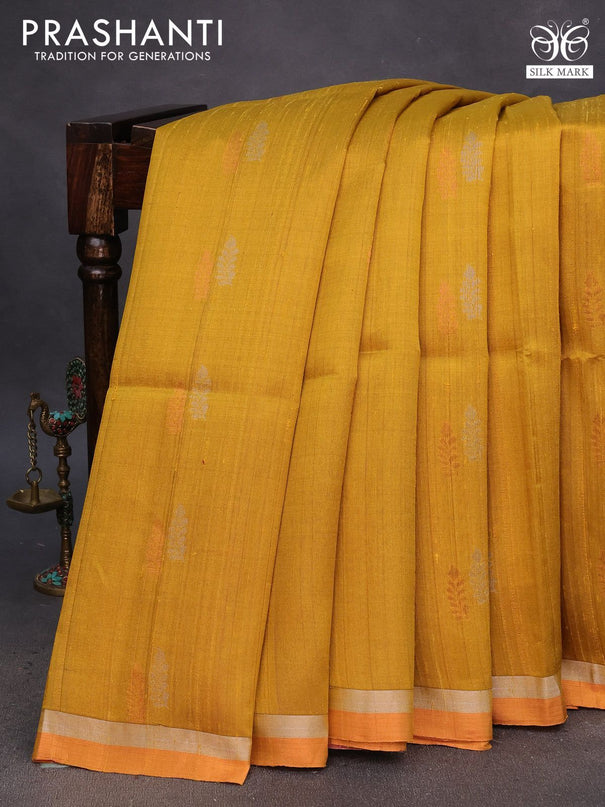 Pure raw silk saree mustard yellow and light pink with silver & copper zari woven buttas and zari woven border