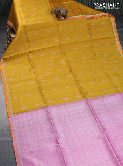 Pure raw silk saree mustard yellow and light pink with silver & copper zari woven buttas and zari woven border