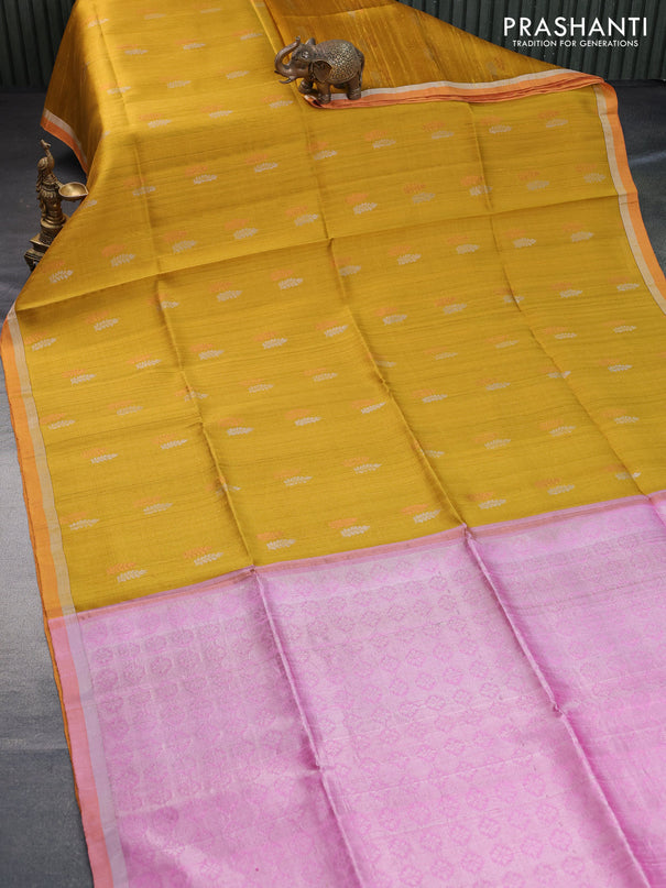 Pure raw silk saree mustard yellow and light pink with silver & copper zari woven buttas and zari woven border