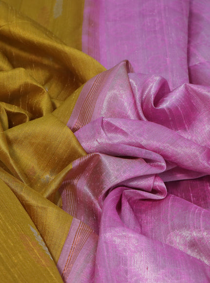 Pure raw silk saree mustard yellow and light pink with silver & copper zari woven buttas and zari woven border