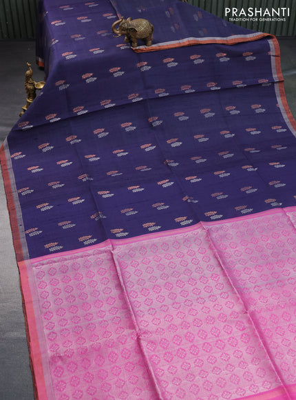 Pure raw silk saree navy blue shade and light pink with silver & copper zari woven buttas and zari woven border