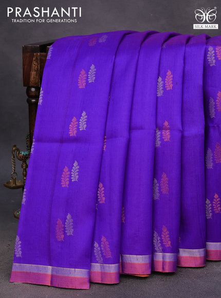 Pure raw silk saree blue and dark mustard with silver & copper zari woven buttas and zari woven border